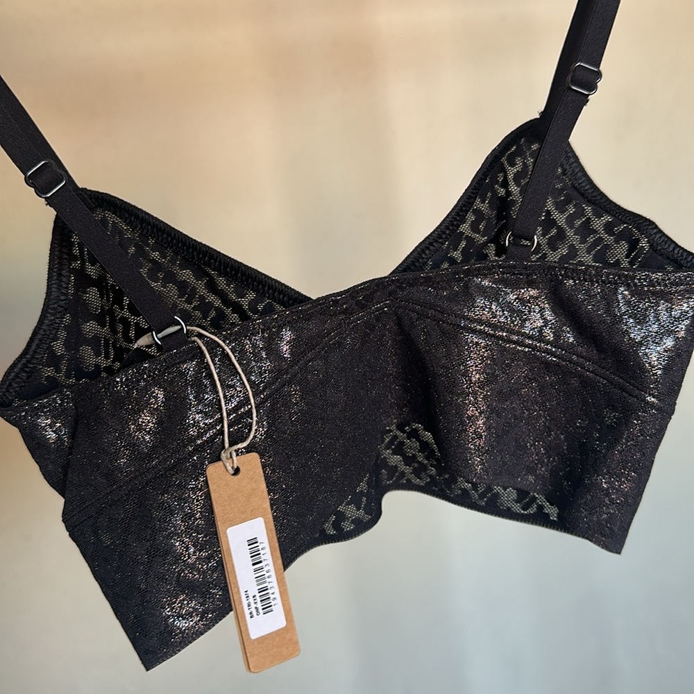 NWT Skims MeshTriangle Bralette shiny sparkly‎ skims logo Onyx Black size XXS